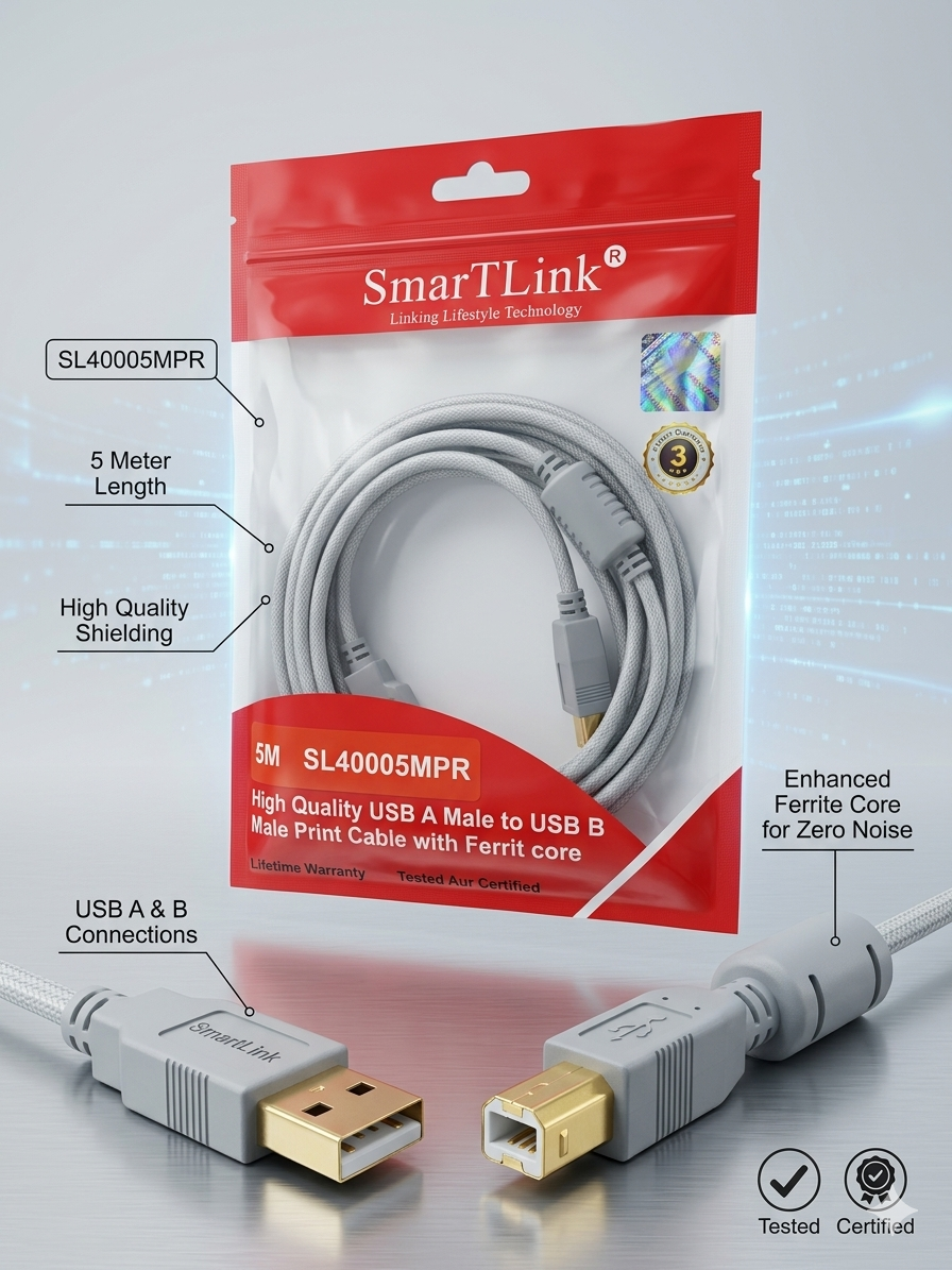 كابل طابعة SmartLink 5M USB عالي الجودة (High Quality USB A Male to USB B Male Print Cable).موديل (SL40005MPR)
